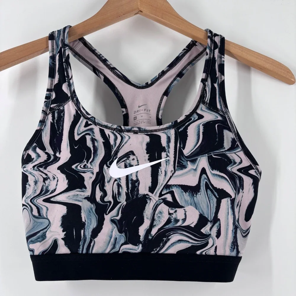 Nike Sports Bra Womens Medium Pink Black Marble Swirl Dri-FIT Racerback Gym